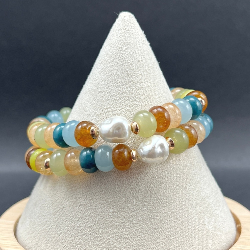 Gemstone Beaded Bracelets Multi Color Rondelle Faux Pearl Stretch 2pc 6.5"